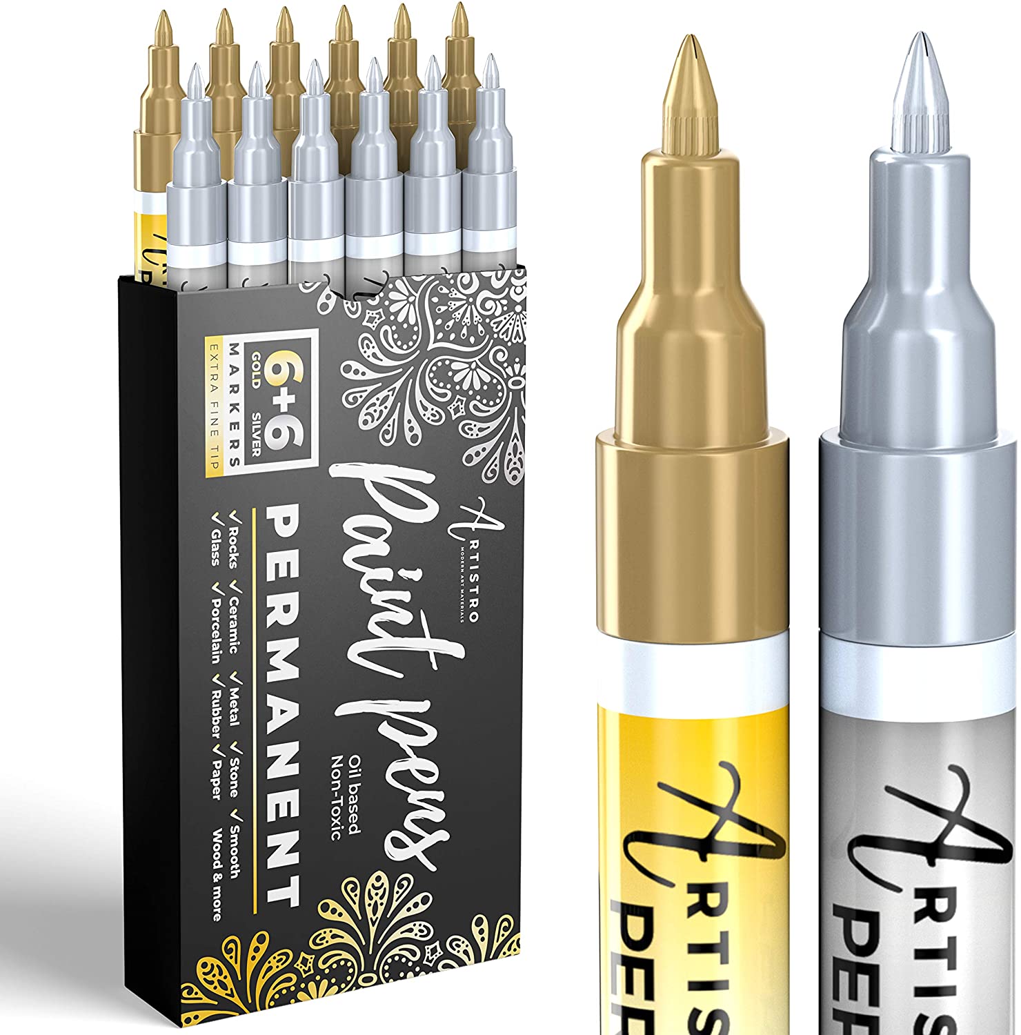 Artistro Gold & Silver Paint Pens. Set of 12 Oil Based Extra Fine